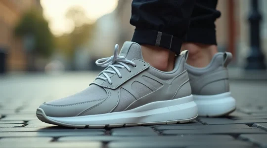 Vue dynamique d'une paire de baskets homme à scratch modernes stylées, posées sur sol urbain contemporain