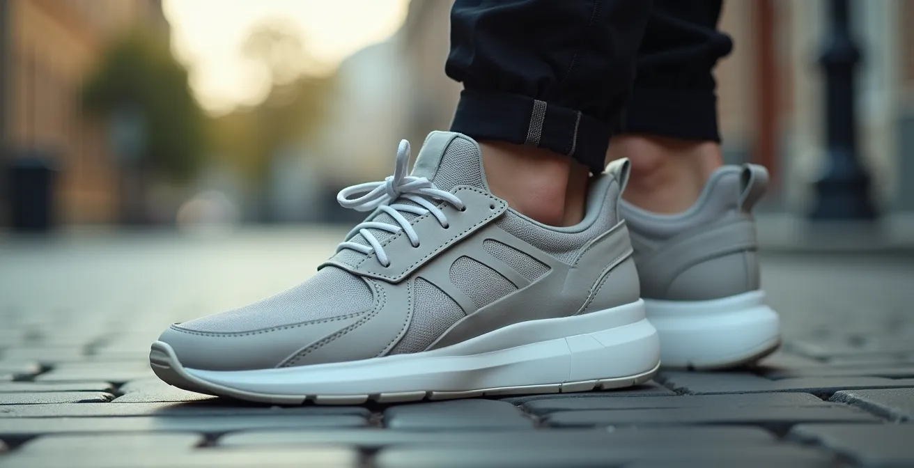 Vue dynamique d'une paire de baskets homme à scratch modernes stylées, posées sur sol urbain contemporain