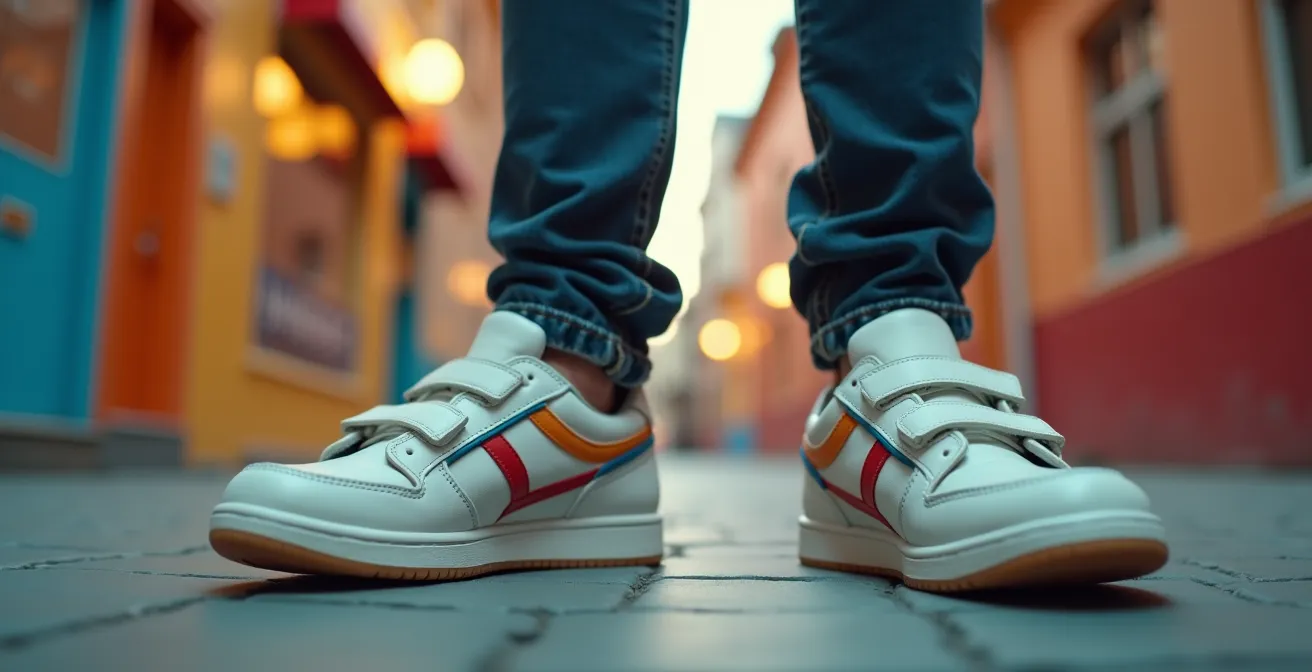 Illustration conceptuelle montrant un adulte habillé avec des baskets à scratch dans un décor mêlant enfance et sophistication